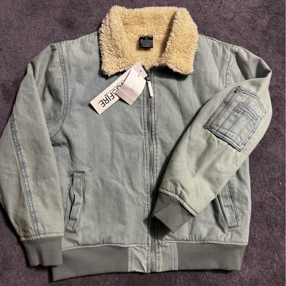 Youth Denim Light Wash Bomber Jacket Sherpa Lined- Ring of Fire